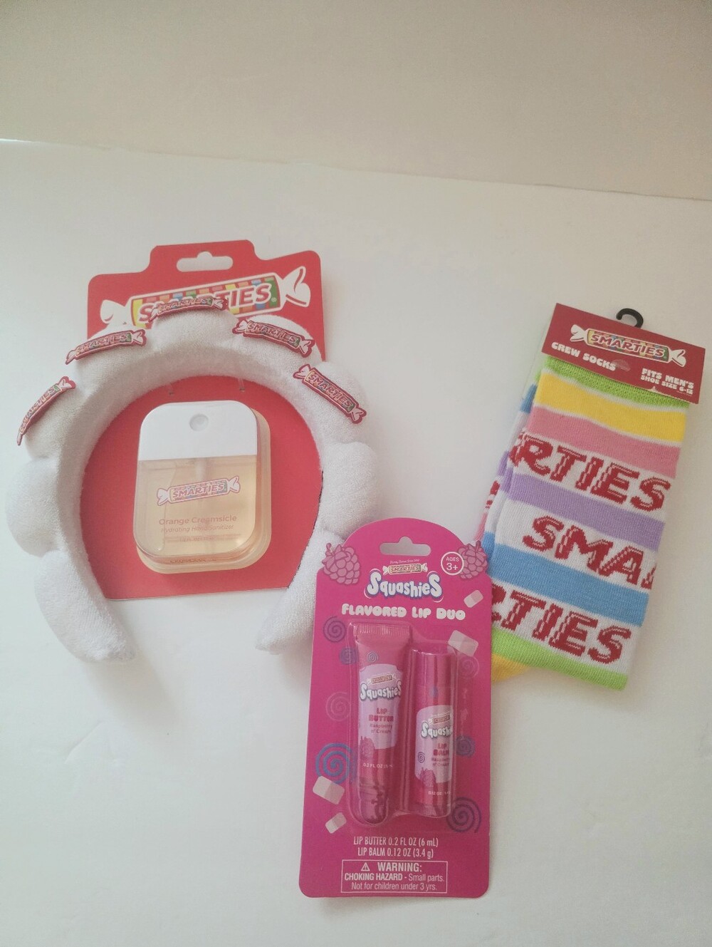 Smarties Striped Socks, Spa Headband, Lip Butter & Balm Medium Gift Set NWT